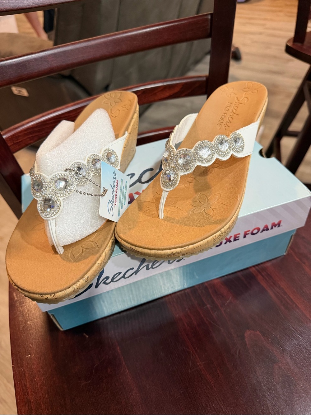 Skechers White Jeweled Wedge Thong Sandals with Tan Footbed Wedge Heel